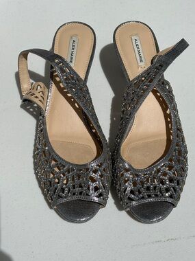 Alex Marie Silver Glitter Slingback Peep-Toe Mules